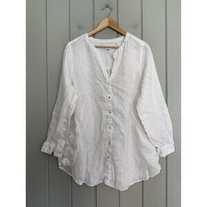 Sigrid Olsen Tunic Top 1X Button Front 100% Linen White Long Sleeve Roll Tab